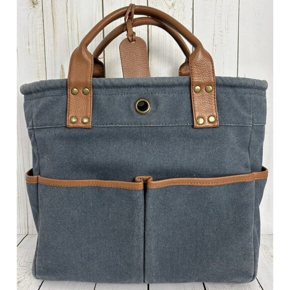 Levenger Bloomsbury Canvas Leather Six Pocket Tote Bag Blue Brown 12x11x4 - Picture 1 of 10
